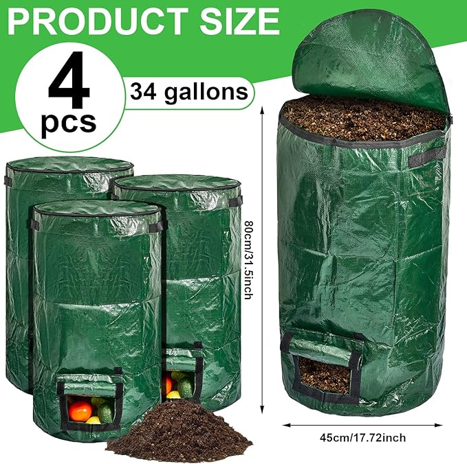 Ctosree 4 Pieces Compost Bin Bags Large 34 Gallon Reusable Yard Waste Lawn Bags Heavy Duty Garden Composting Garbage Can Outdoor Container with Zipper Lid and Handles for Loading Leaf Trash
