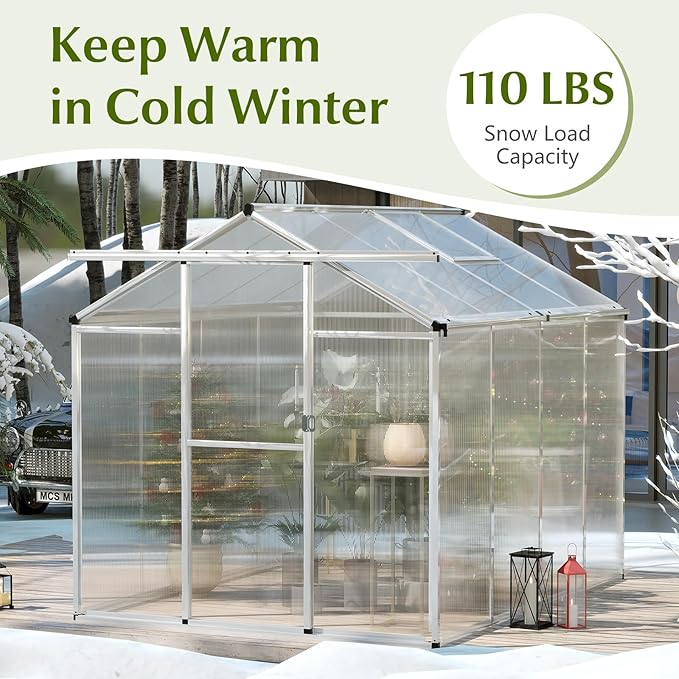 Happygrill Greenhouse 6 x 8 x 6.5FT Outdoor Polycarbonate Greenhouse w/ Sliding Door Adjustable Roof Vent Rain Gutter Heavy-Duty Aluminum Greenhouses for Outdoors Garden Backyard Patio Lawn