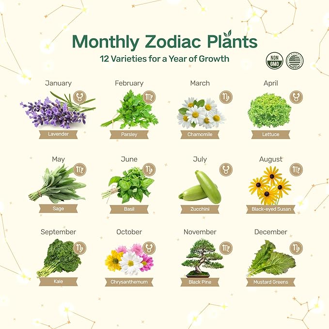 LUSH&ampDEW Zodiac Garden Seed Bank 12 Varieties Non-GMO USA-Sourced Heirloom Herb Flower Seeds with Moon Calendar Gardening Gift for Women Men Witchcraft Supplies Earth Sign (Taurus Virgo Capric