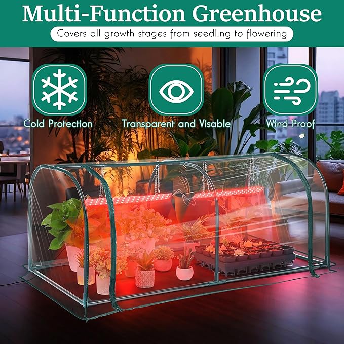 Meonum Mini Greenhouse with Grow Light 51.18 L x 25.59 W x 21.65 H Portable Greenhouses Waterproof UV-Resistant for Indoor/Outdoor Seed Starting(Dome Shape)