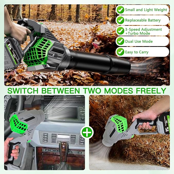 Leaf Blower Cordless 2x21V 6.0 Ah Battery and Charger 680CFM 190MPH Electric Blower 3-Variable Speed &amp Turbo Mode Handheld Leaf Blower Battery Powered for Blowing Leaves Dust Snow