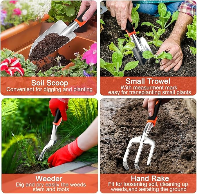 8 Piece Gardening Tools Set Garden Tool kit with Foldable Storage Bag Heavy Duty Garden Tool Set for Tilling Loosening Soil Weeding(3pcs-Green)
