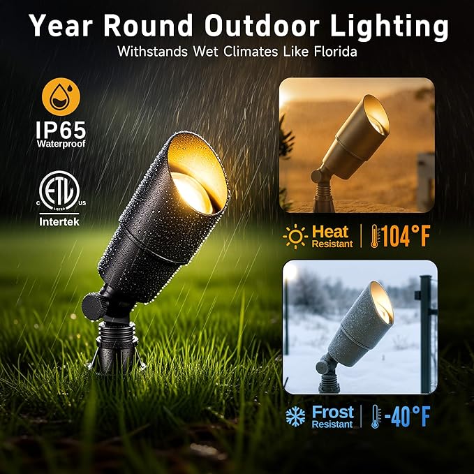 Gardenreet 12V Landscape Spotlight Bundle - 12 Pack Brass Spotlight 65FT 16/2 Cable Outdoor Waterproof LED Fixture for Garden Wall Tree with 5W 2700K Warm White MR16 Bulb