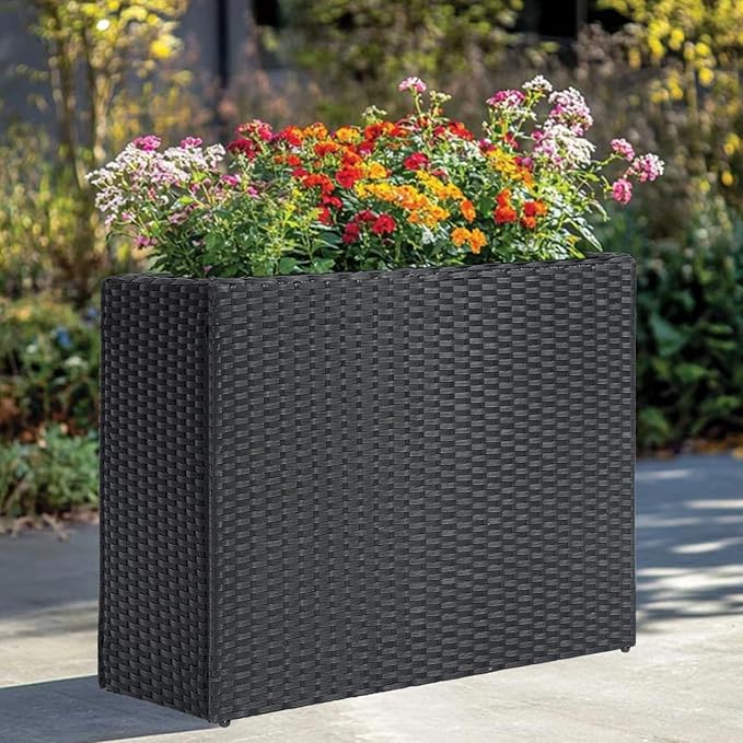 LEWIS&ampWAYNE Large Rectangular Block Planter Box Handmade Wicker Tall Planters for Outdoor Plants with Removable Liners Modern Planter for Indoor Outdoor Patio Deck - Black 38''x11''x30''