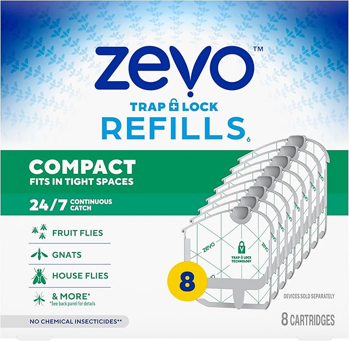 Zevo Compact Flying Insect Trap Official Refill Cartridges - Fits Zevo Compact Indoor Plug-in Trap Authentic Trap + Lock Technology to Catch Gnats House &amp Fruit Flies (8 Official Refill Cartridg