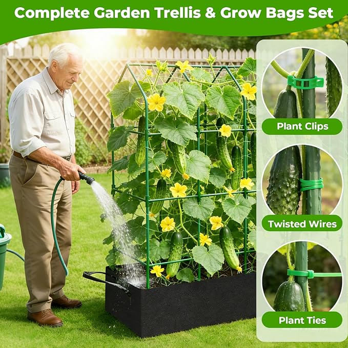 Large Pea Trellis for Climbing Plants Outdoor with Grow Bag67 Tall Metal U-Frame Plant Trellis for Peas with Garden Netting and Plant Clip Plant Ties for Vegetables Cucumber Tomatoes Squash Pea