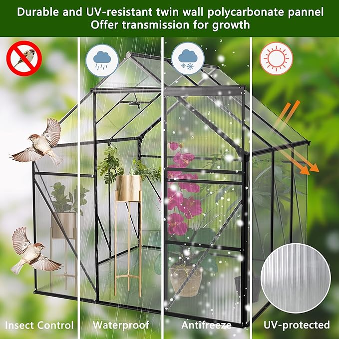 6 x 10FT Outdoor Patio Greenhouse Walk-in Polycarbonate Greenhouse Adjustable Roof Vent &amp Rain Gutter for Plants&ampFlowers Garden Backyard (Green-6 x 10 FT)