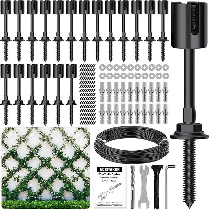 20-Set Black 1/8 Wire Trellis for Climbing Plants Outdoor with 98ft Vinyl Coated Cable T316 Stainless Steel Wall Wire Trellis Kit