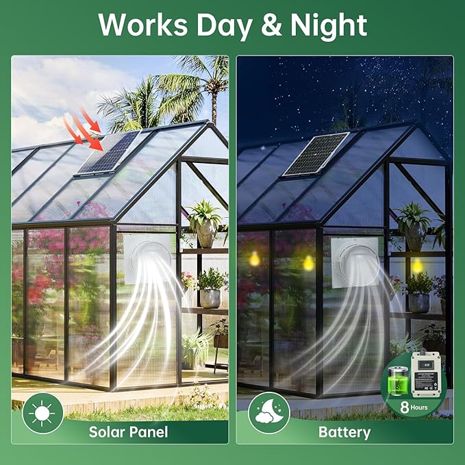 Solar Powered Exhaust Fan with Battery 25 W Waterproof Solar Panel 8 Inch Ventilation Vent Fan Solar Fan for Greenhouse Chicken CoopShed Garage Attic Barn Workshop14.8ft Cable5000mAh Battery