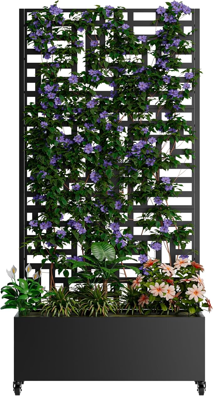 73'' Metal Raised Garden Bed with Trellis Planter Box Outdoor with 4 Wheels &amp Privacy Screen Galvanized Raised Beds Planters Flower Box for Climbing Plants Vegetables (Black2)