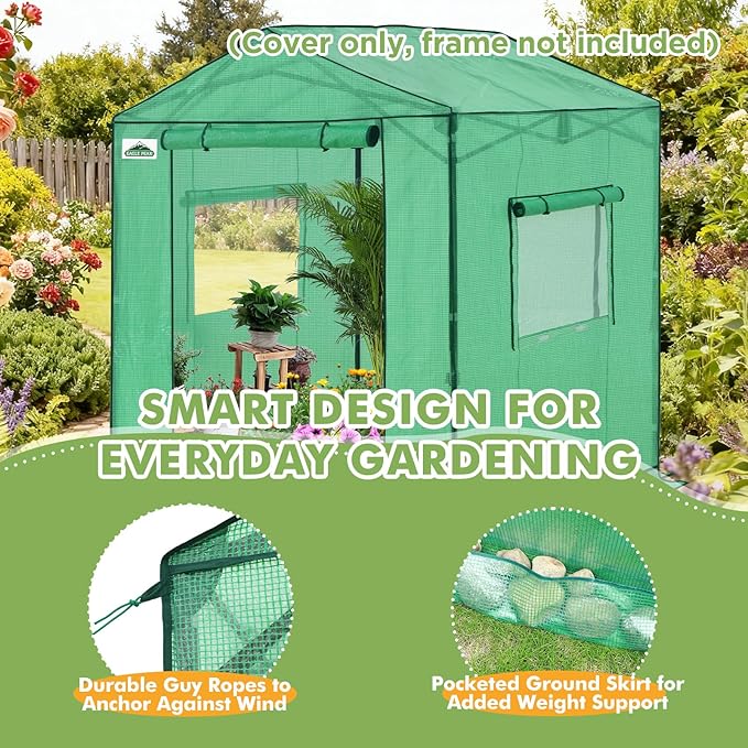 EAGLE PEAK Replacement Cover for 6x6 Gable Roof Pop up Greenhouse Front and Rear Roll-Up Zipper Entry Doors and 2 Large Roll-Up Side Windows (Frame Not Included) Green