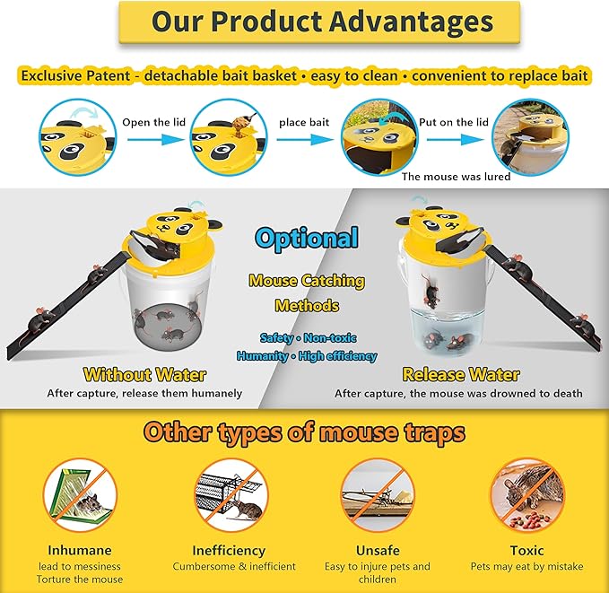 3 Packs Mouse Trap BucketAutomatic Reset Flip Mouse Traps Humane Rat Traps Indoor &ampOutdoor Use5 Gallon Bucket CompatibleReusable Mice Catching Tool