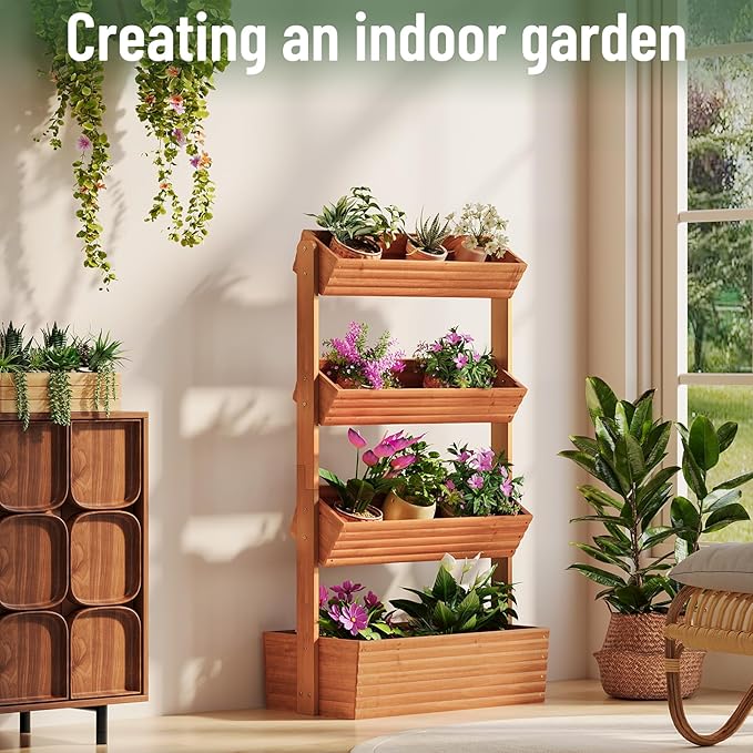 Vertical Wooden Raised Garden Bed Garden Planters Freestanding Wood Plant Stand Flower Rack Wooden Planter Box for Plants Herbs Flowers Vegetables Outdoor Indoor Gardening (4-Tier Brown)