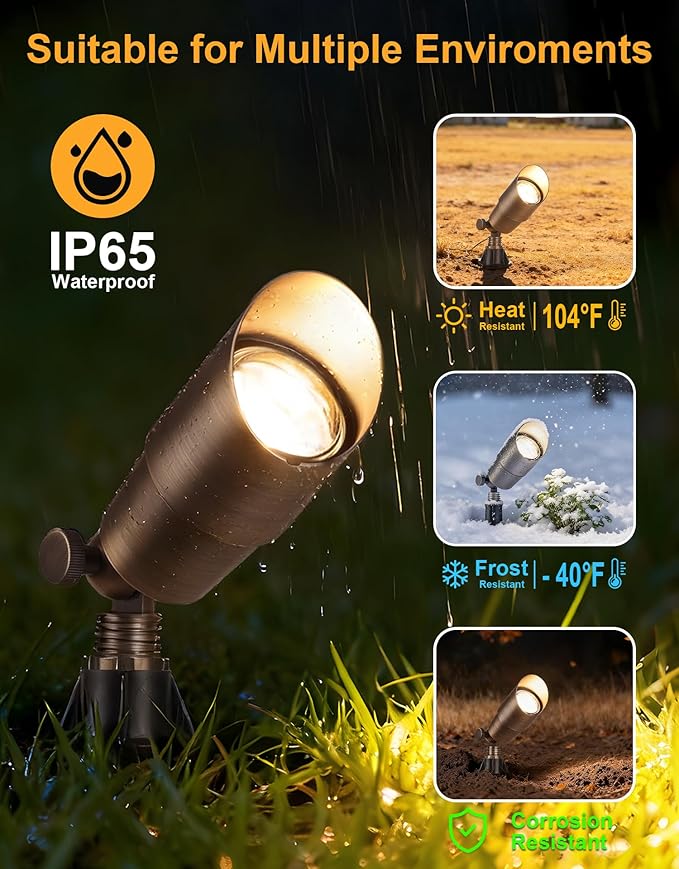 PARTPHONER Solid Brass Low Voltage Landscape Lighting Wired 12V LED Landscape Spotlights with Aluminum Housing MR16 Bulb Heavy Duty Outdoor Waterproof Up Lights for Garden Yard Trees 4Pack