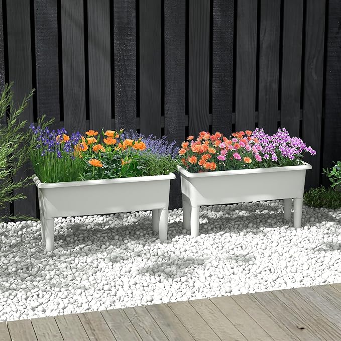 2 Pcs Raised Planter Bed Elevated Planter Boxes with Removable Legs Plastic Planter Bed for Gardening Backyard &amp Deck (Greyish-White)
