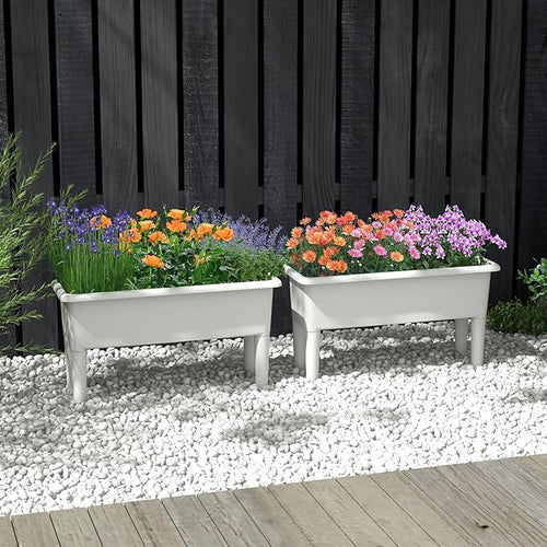 2 Pcs Raised Planter Bed Elevated Planter Boxes with Removable Legs Plastic Planter Bed for Gardening Backyard &amp Deck (Greyish-White)