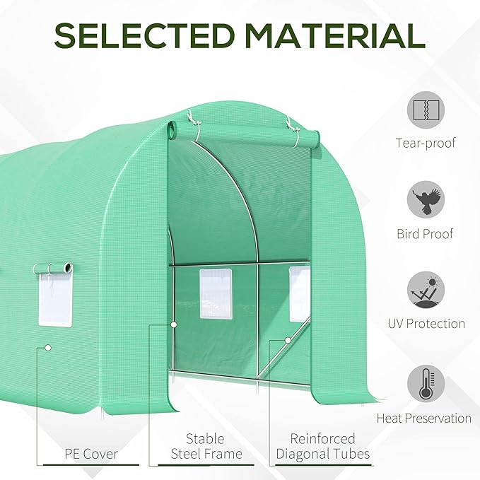 【LuckyNote】 15' x 6' x 7' Walk-in Tunnel Greenhouse Garden Plant Growing House with Door and Ventilation Window Green
