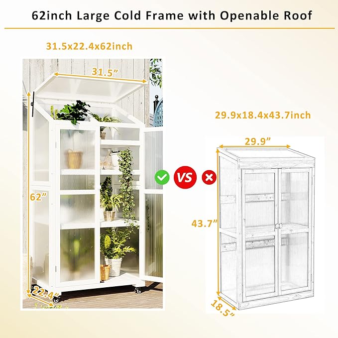 Mini 4-Tier Greenhouse with Locking Wheels 62 Inch Height Portable Wooden Green House Cold Frame with Adjustable Shelves and Vent Small Garden House for Outdoor Indoor White