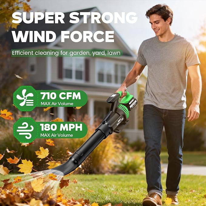 Leaf Blower Cordless with 2X 5500 mAh Battery and Charger 710 CFM/180 MPH Brushless Electric Leaf Blower with Shoulder Strap 3-Speed Modes Powerful Handheld Blowers for Lawn Garden Yard Care
