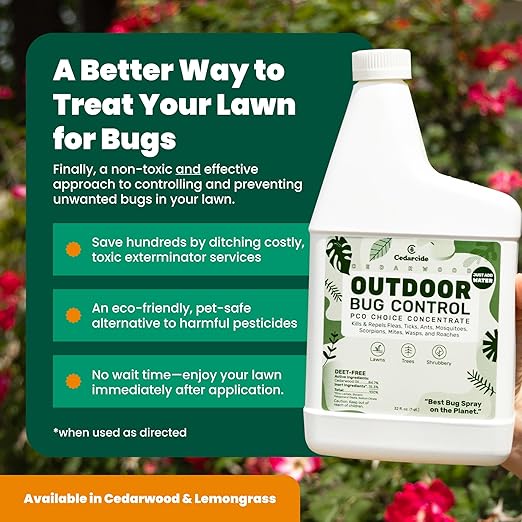 Cedarcide Outdoor Bug Control | Kills &amp Repels Mosquitoes Ticks Fleas Mites &amp More with Natural Essential Oils | Family &amp Pet-Safe | PCO Choice | Lemongrass Gallon with Sprayer