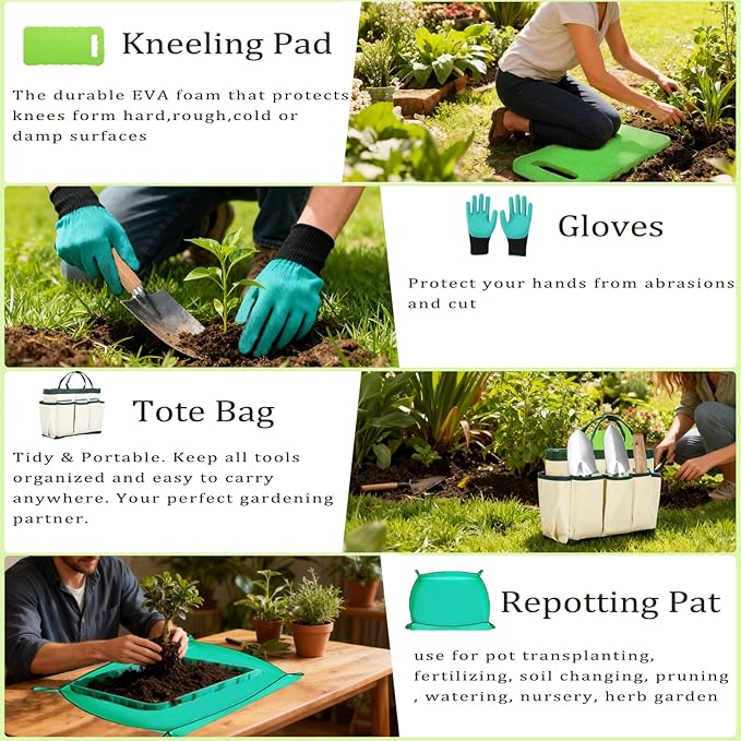 10-Piece Heavy-Duty Gardening Tools Set with Tote Bag - Rust-Proof Aluminum Gardening Hand Tools with Non-Slip Ergonomic Wood Handle - Gardening Supplies Set Ideal Gift for Men &amp Women