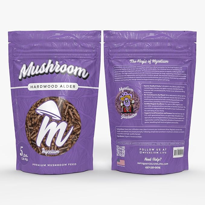 Mycelium Premium Mushroom Spawn Hardwood Alder I High Yield Organic Grain Feed I Indoor Mushroom Cultivation for Starter &amp Pro Home Growers I Non-GMO &amp Sourced from Local USA Farms 5lbs