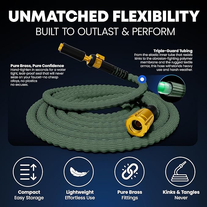 TITAN Flexible Garden Hose 65FT – Ultra Lightweight Heavy Duty Water Hose with Brass Fittings &amp Jet Nozzle – Kink-Free Non-Expanding Durable Fabric Hose for Yard Lawn Car Wash Outdoor Use