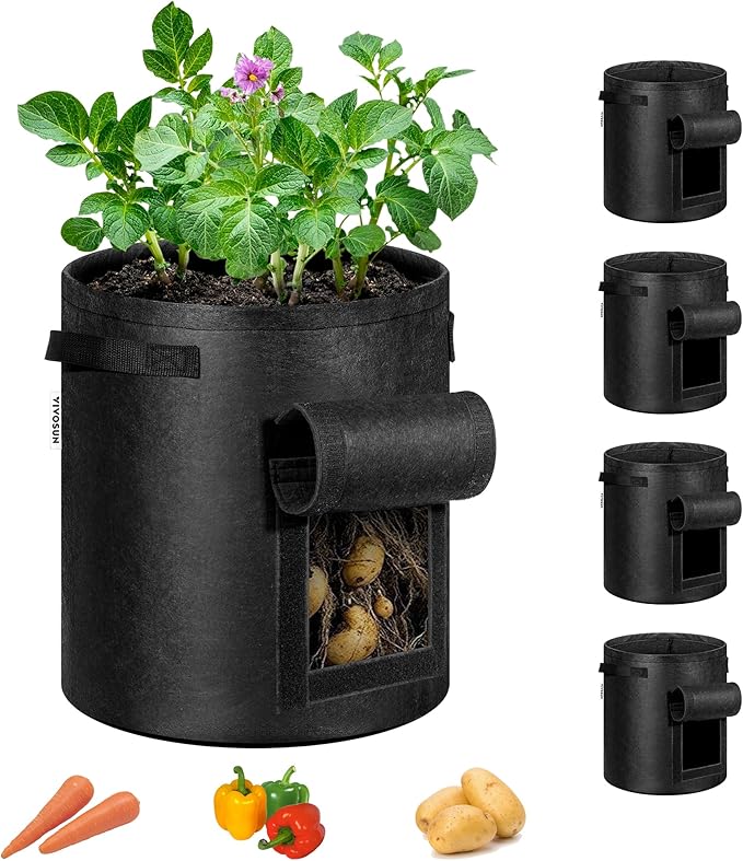 VIVOSUN 5-Pack 7 Gallon Potato Grow Bags Fabric Pots With Handle and Roll-up Window Planter Containers for Growing Potatoes Black