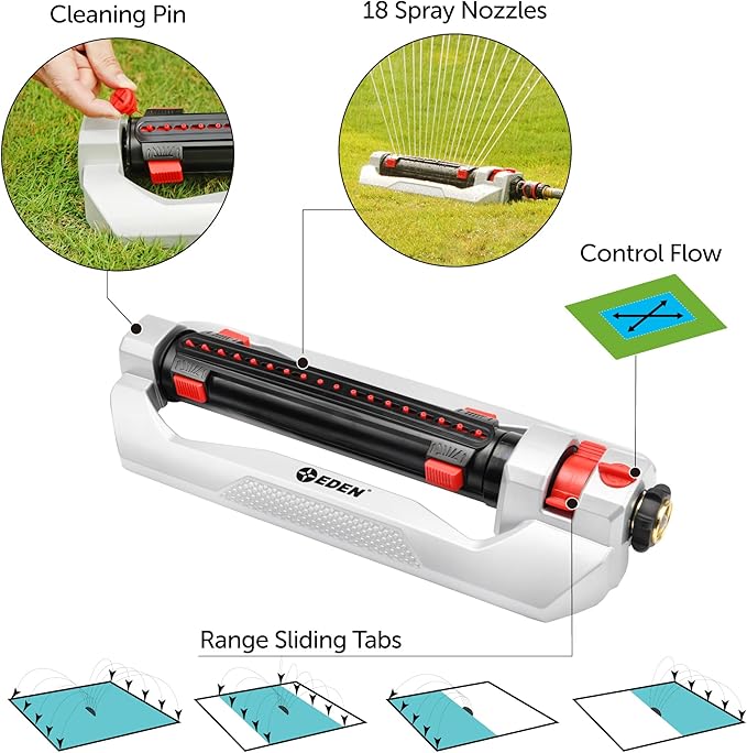 Eden 94095 Heavy Duty Turbo Oscillating Sprinkler Covers Up to 4000 sq. ft. 18 Precision Nozzles Weighted Aluminum Base Adjustable Range Flow Control Width Adjustment Tabs Quick Connect Bundle