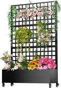 Metal Planter Box with Trellis72x47x16Galvanized Steel Outdoor Raised Garden Bed with Privacy Screenwith Drainage Holes &amp Lockable Casters for Climbing PlantsVinesand Vegetables(Grid-Black)