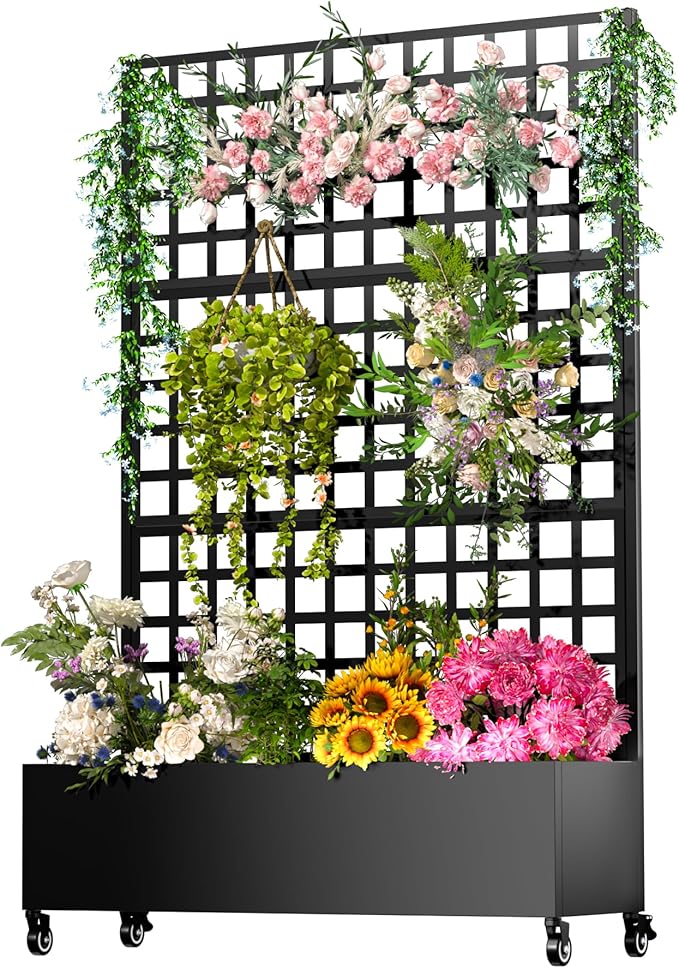 Metal Planter Box with Trellis72x47x16Galvanized Steel Outdoor Raised Garden Bed with Privacy Screenwith Drainage Holes &amp Lockable Casters for Climbing PlantsVinesand Vegetables(Grid-Black)