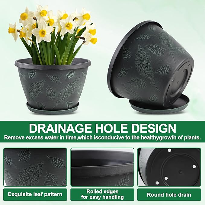 11 inch Plant Pot Set of 3 Plastic Flower Pots with Drainage Hole &amp Tray Decorative Round Planters for Indoor Plants Modern Outdoor Home Flowers Plants Garden Pots (Green)