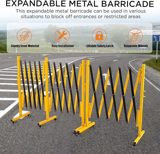 TECSPACE Industrial Expandable Metal Barricade Expansion Size 8.2 FT Yellow and Black Durable Steel Safety Barricade with casters Flexible Mobile Barrier Gate Adjustable Traffic Fence