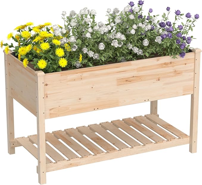 Raised Garden Bed with Legs 47.2x23.6x30in Wooden Raised Garden Box with Bed Liners Storage Shelf for Outdoor Garden Patio Elevated Wood Planter for Vegetables Fruits Flowers