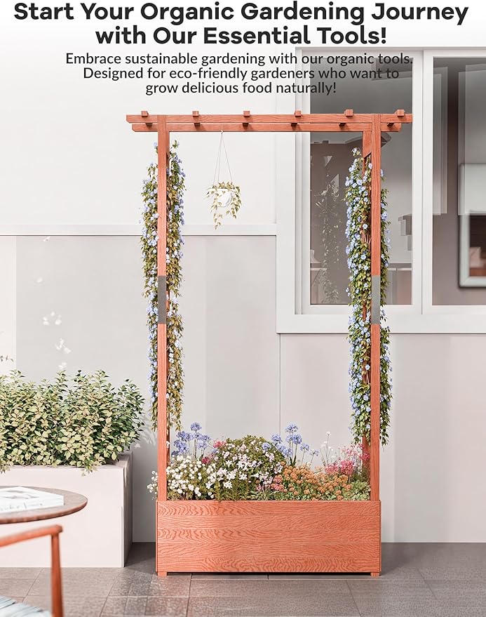 Elevated Wooden Planter Box with Arch &amp Side Trellis – Raised Garden Bed for Climbing Plants Vines Flowers – Hanging Roof 4 Drainage Holes Freestanding – Patio/Deck – Size: