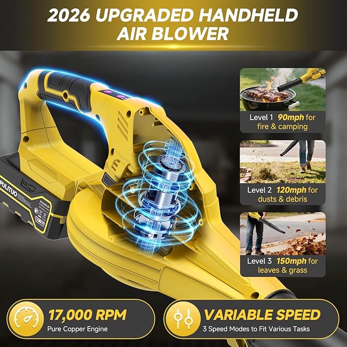 Leaf Blower Cordless with 2X 4.0Ah Batteries and Charger 150MPH Lightweight Cordless Blower 3 Speeds Small Electric Leaf Blowers for Lawn Care Patio Yard Leaves Grass Dust (Yellow)