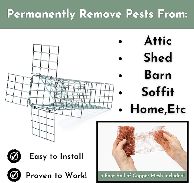 Excluder One Way Squirrel and Rodent Trap - Control Mice Rats Bats Squirrels and More - Fine Copper Mesh Wool Included To Seal Hole- Better than Steel Wool - Good for Attic Door (3 x 3 Opening)