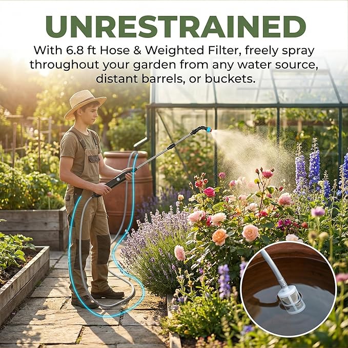 Rechargeable Cordless High Reach Plant Waterer - with Telescopic Wand Plant (25.6–33.4 in) Watering Can Hanging Plants Baskets 2 Adjustable Nozzles and 8.6ft Water Hose for Yard Lawn Weeds Plants
