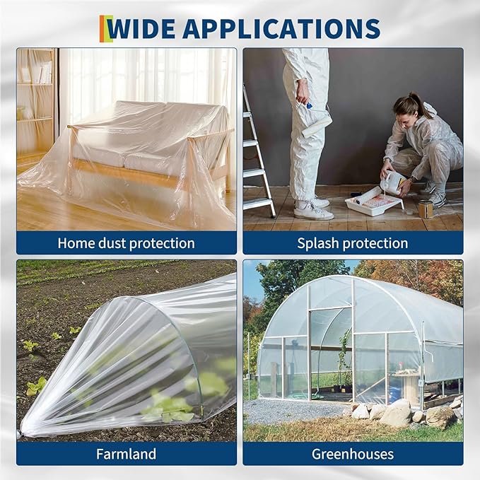6 Mil Greenhouse Plastic Sheeting Heavy Duty Winter Greenhouse Cover Thickness Transparent Clear LDPE Polyethylene Film for Plants Farms Agriculture Garden Waterproof Sunlight Protection