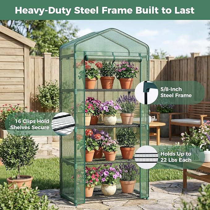 OLIXIS Greenhouse 27×19×63 4 Tier Portable Green House with Durable PE Cover Roll-up Zipper Door Small Greenhouses for Indoor Outdoor Balcony Porch Garden Patio Backyard Green Houses (Green)