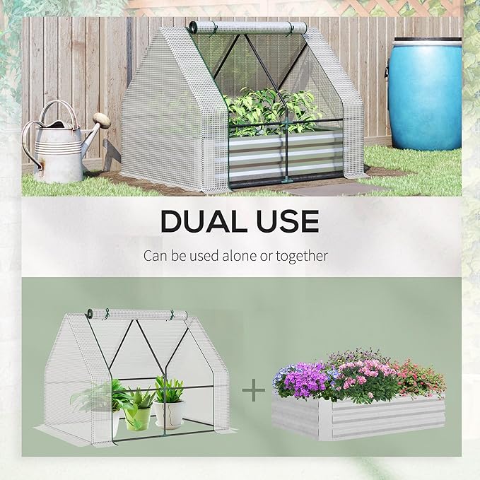 6' x 3' Galvanized Raised Garden Bed with Mini PVC Greenhouse Cover Outdoor Metal Planter Box with 2 Roll Up Windows for Growing Flowers Fruits Vegetables and Herbs Silver