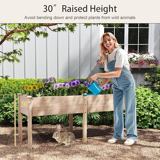 HAPPYGRILL Raised Garden Bed Outdoor Planter Raised Bed w/Drainage Holes Divider Panel 6 Supporting Legs Elevated Wood Planter Box for Backyard Patio Balcony 73” x 23” x 30” (Natural)