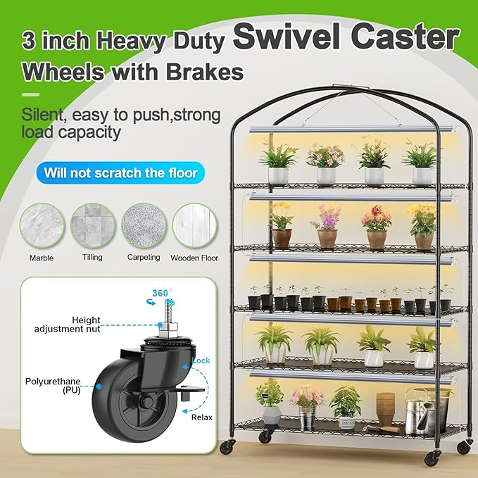 Abimars 5-Tier Greenhouse with Grow Light Shelf Height Adjustable Metal Plant Shelf with PVC Cover and Wheels Includes 5-Pack 2900K Full Spectrum Plant Lights 21x49x80inch