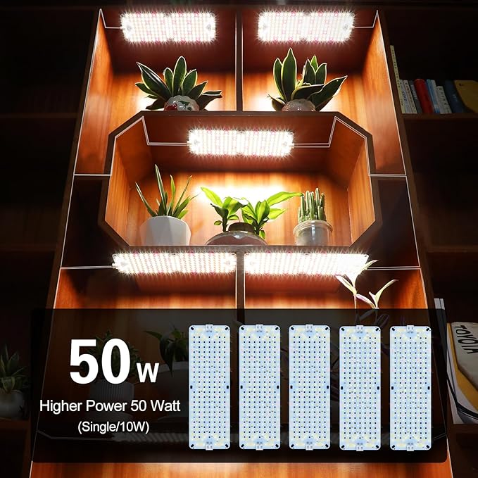 5Pack Flat Grow Lights for Indoor Plants Seed Starting Veg 4/8/12/16/20H Timer Light and Thin 50W Grow Lights for Under Cabinet Plant/Shelves Two Connection Modes Quick Installation