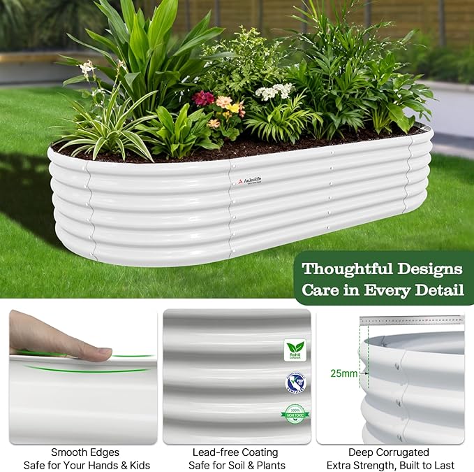 A ANLEOLIFE 8X4X1.5 ft Galvanized Raised Garden Beds Outdoor Oval Large Metal Planter Box for Planting Vegetables Flowers Herb Anti-Rust &amp Easy-Setup Antique White