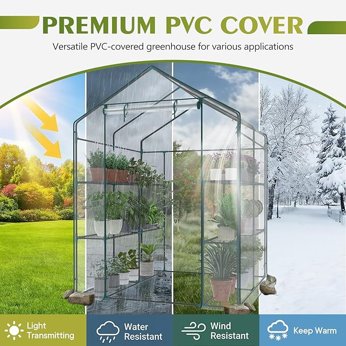 NEWBULIG Walk-in Greenhouse 56.3x56.3x76.7 Outdoor Portable Greenhouse Kit with Thick PVC Cover &amp Roll-Up Zipper Door Sturdy Steel Frame for Backyard Patio Garden Clear