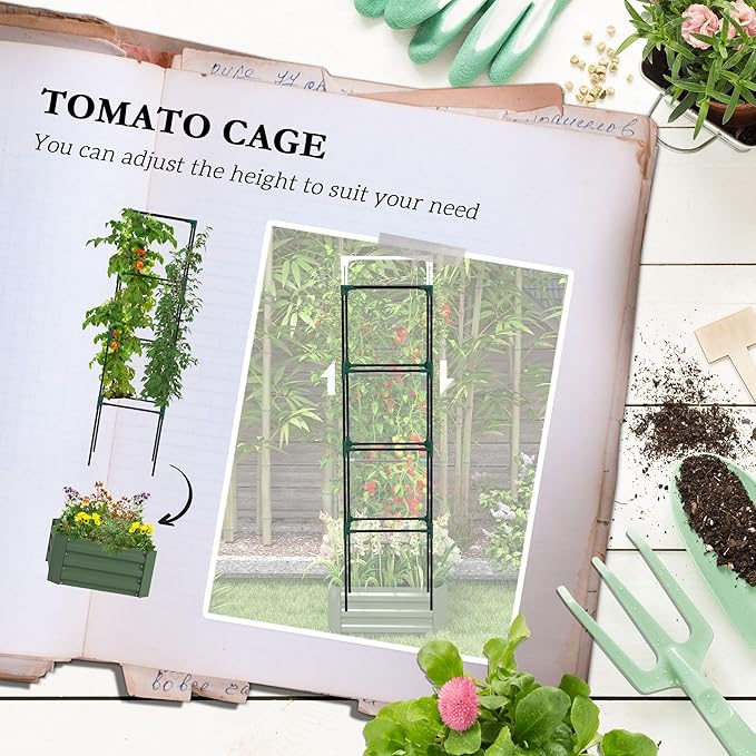 Galvanized Raised Garden Bed 24 x 24 x 11.75 Outdoor Planter Box with Trellis Tomato Cage and Open Bottom for Climbing Vines Vegetables Flowers in Backyard Garden Patio Green