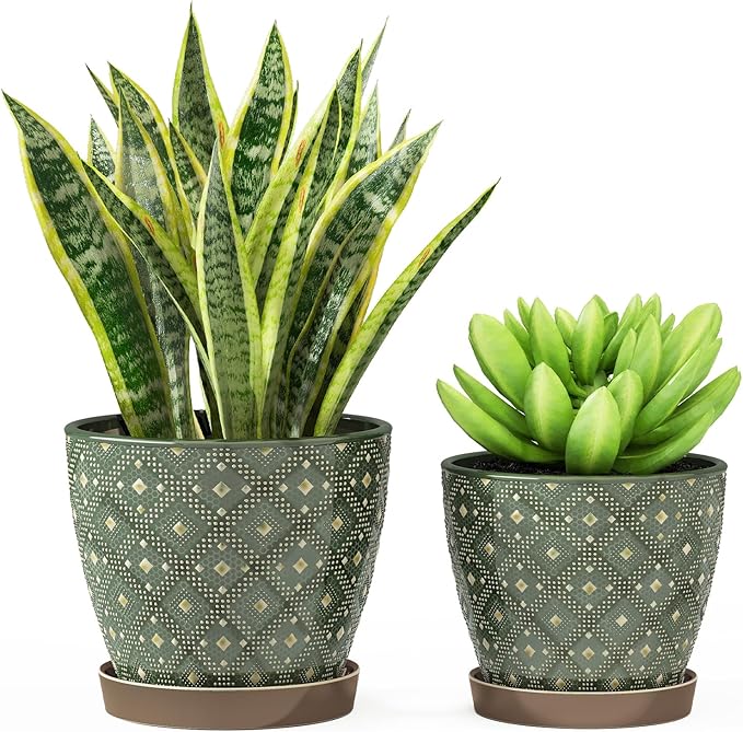 Docrin Dark Green Ceramic Planter Set - 6.6+5.5 Indoor Outdoor Pots with Drainage Holes &amp Saucers for Home Office Decor