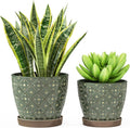 Docrin Dark Green Ceramic Planter Set - 6.6+5.5 Indoor Outdoor Pots with Drainage Holes &amp Saucers for Home Office Decor