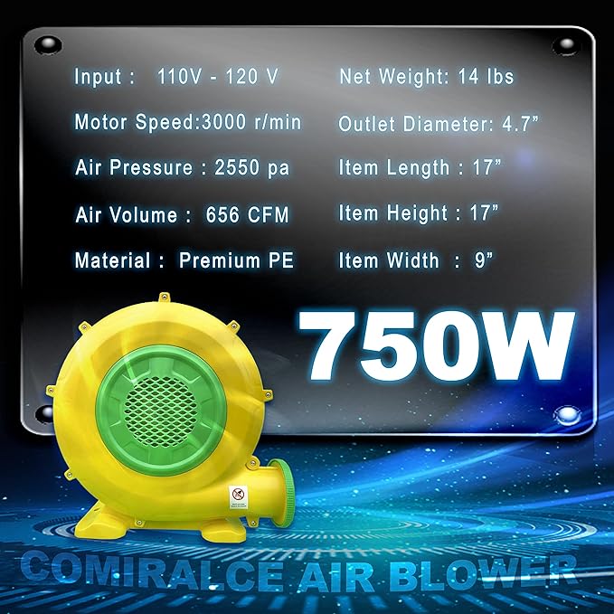 CoMiracle Air Blowers 750 Watt 1.0 HP Inflatable Bounce House Air Blower Outdoor Inflatable Castle and Jump Slides Blower